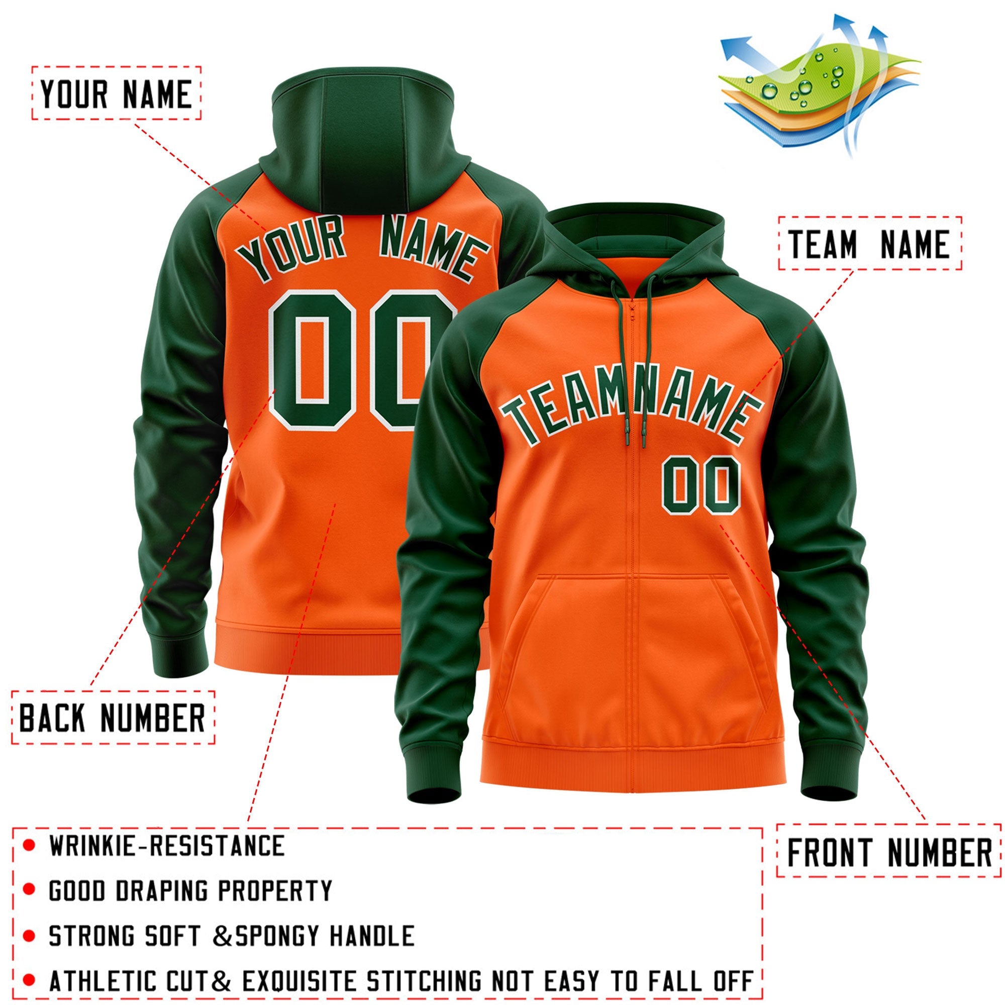 Custom Stitched Orange Green-White Raglan Sleeves Sports Full-Zip Sweatshirt Hoodie