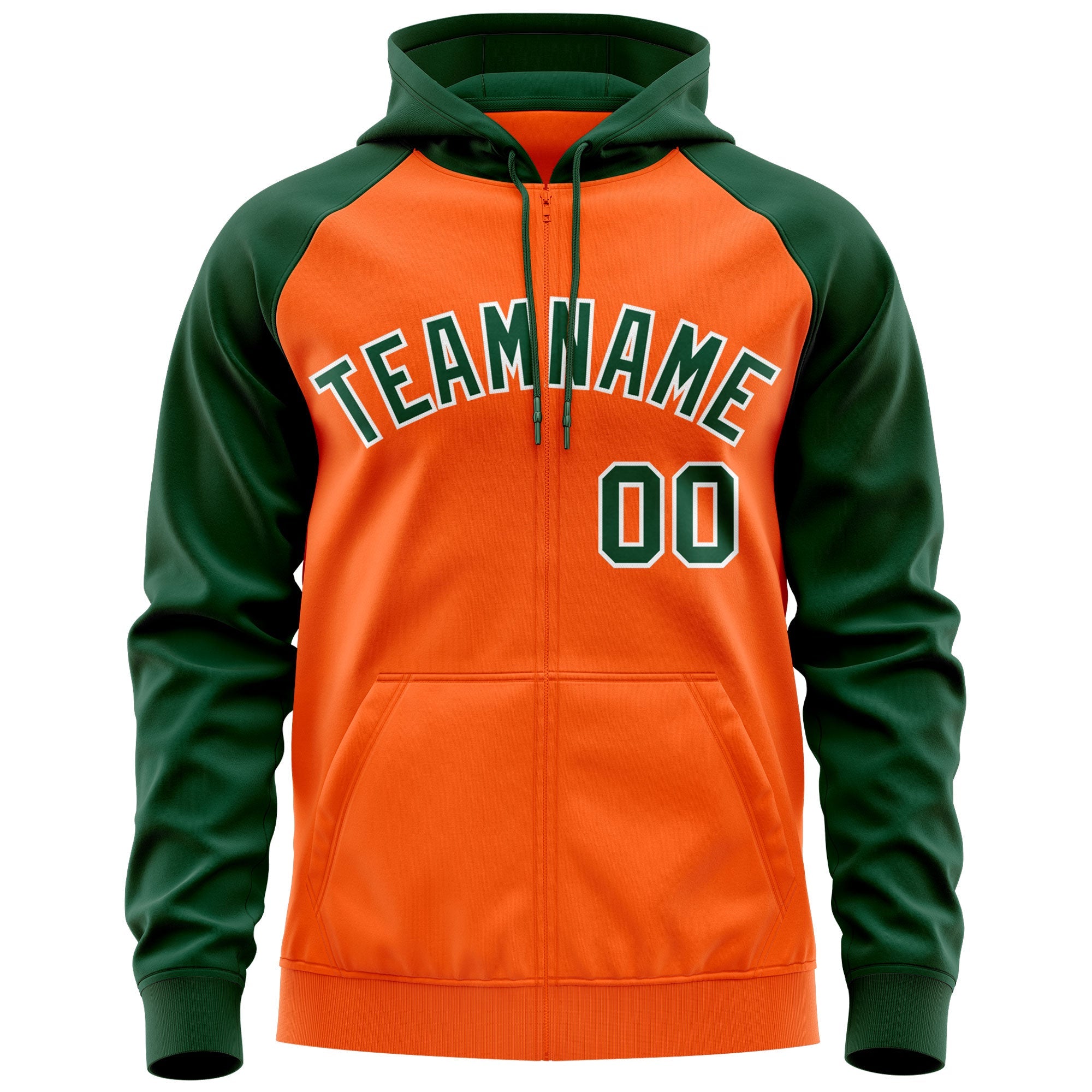 Custom Stitched Orange Green-White Raglan Sleeves Sports Full-Zip Sweatshirt Hoodie