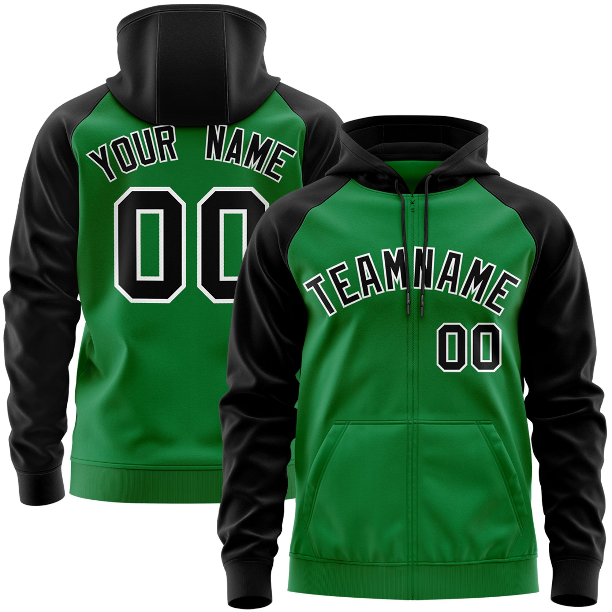 Custom Stitched Kelly Green Black-White Raglan Sleeves Sports Full-Zip Sweatshirt Hoodie