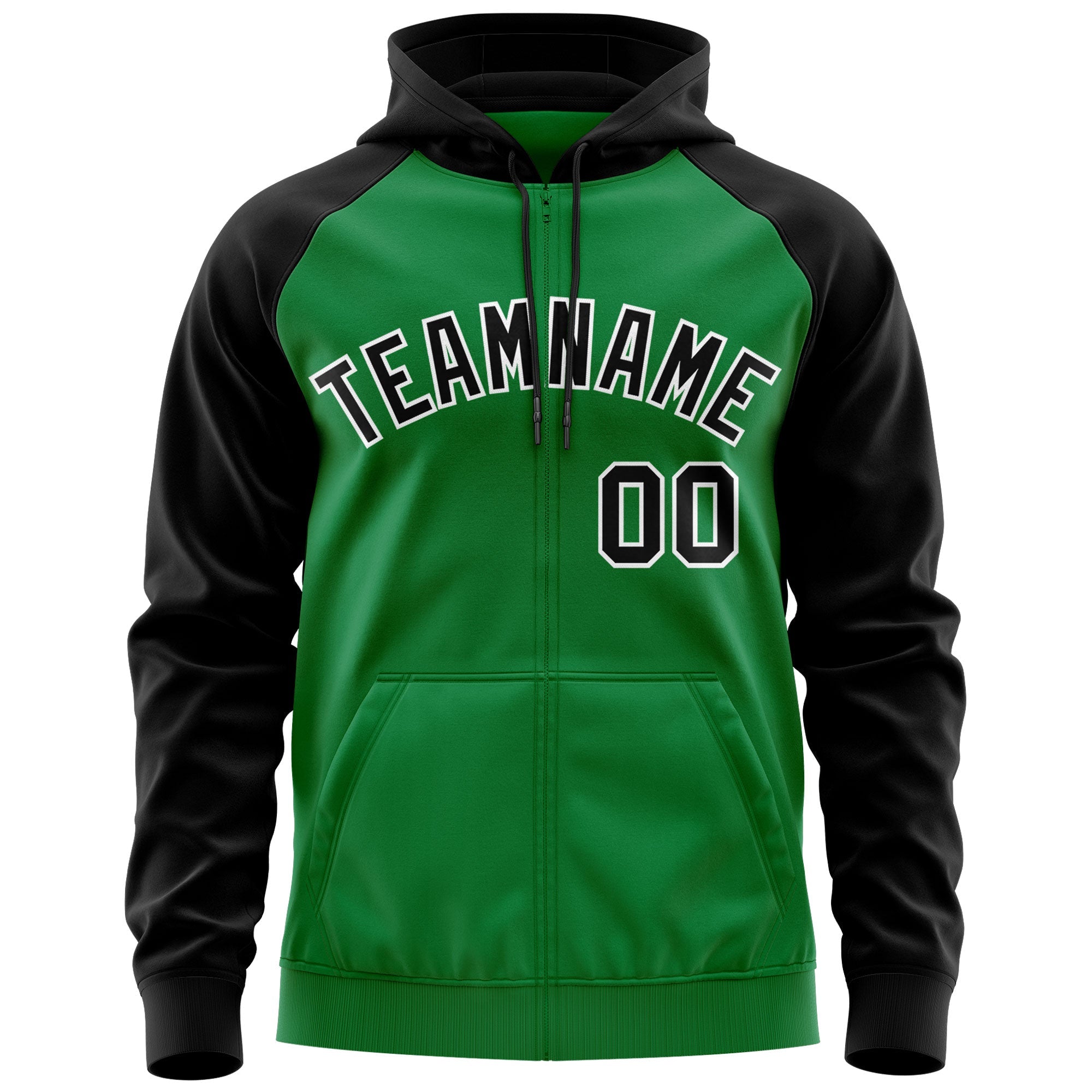 Custom Stitched Kelly Green Black-White Raglan Sleeves Sports Full-Zip Sweatshirt Hoodie