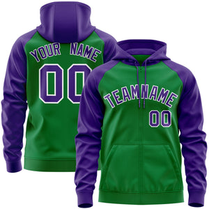 Custom Stitched Kelly Green Purple-White Raglan Sleeves Sports Full-Zip Sweatshirt Hoodie