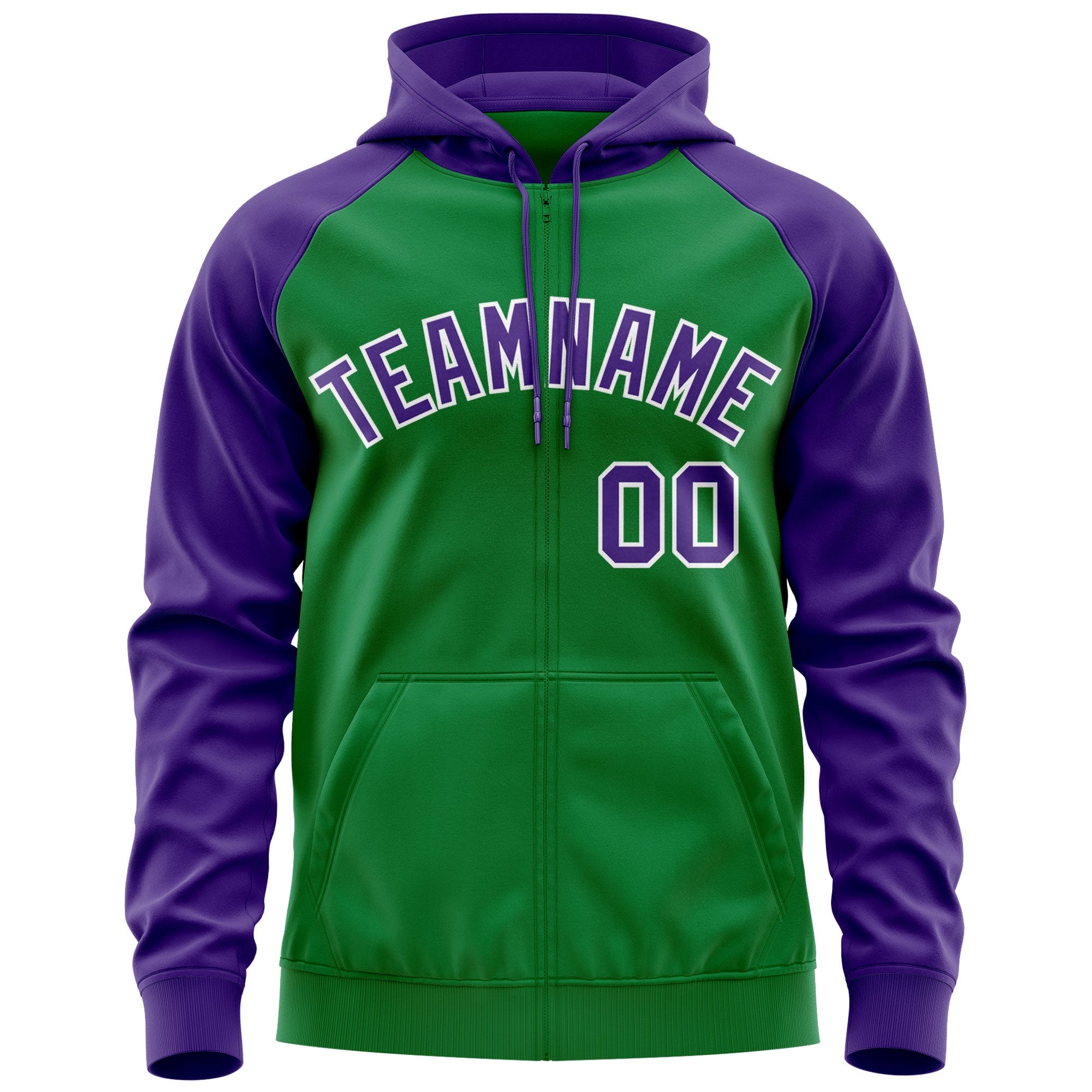 Custom Stitched Kelly Green Purple-White Raglan Sleeves Sports Full-Zip Sweatshirt Hoodie