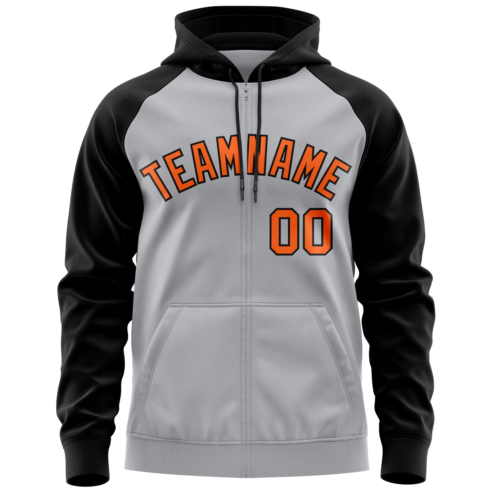 Custom Stitched Gray Orange-Black Raglan Sleeves Sports Full-Zip Sweatshirt Hoodie