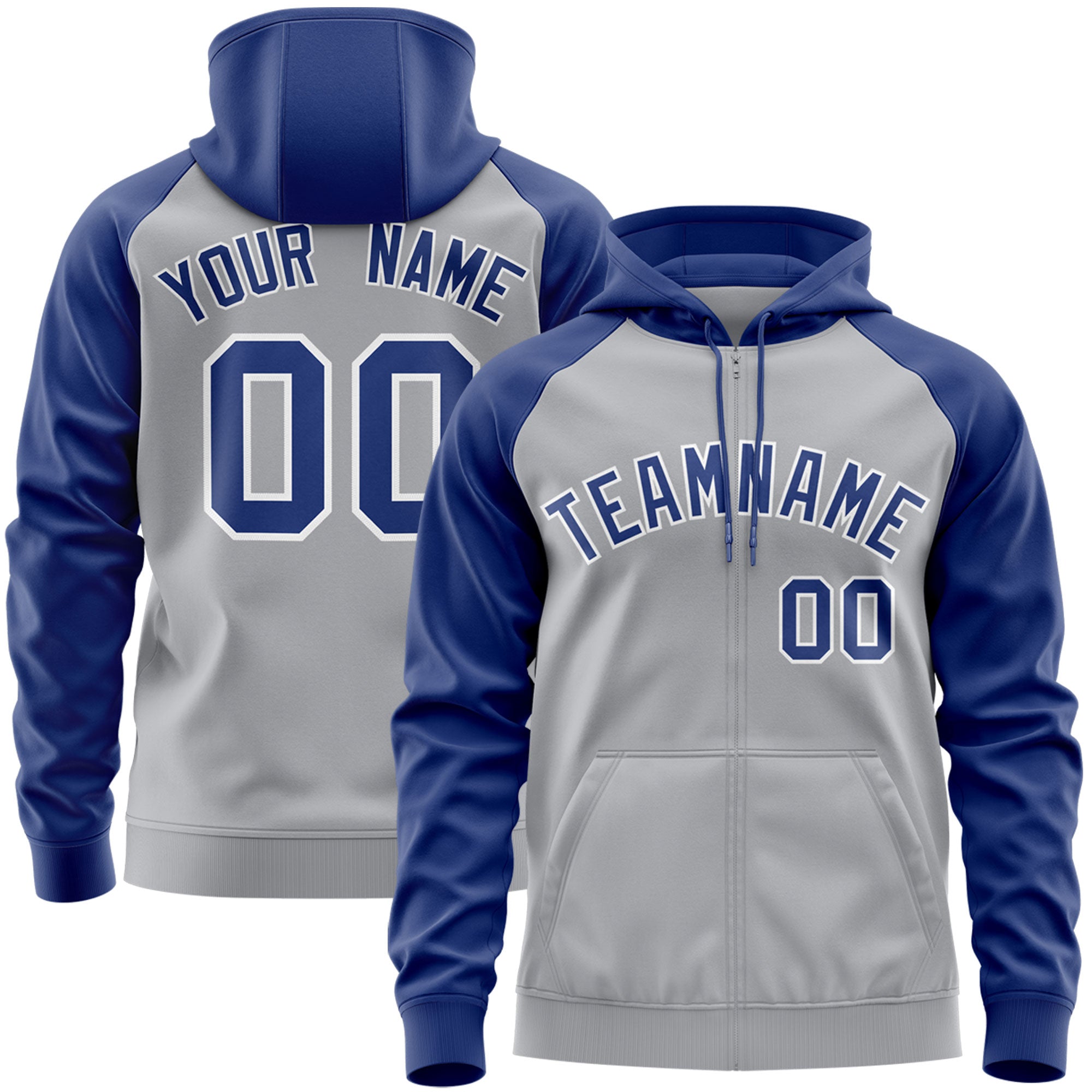 Custom Stitched Gray Royal-White Raglan Sleeves Sports Full-Zip Sweatshirt Hoodie