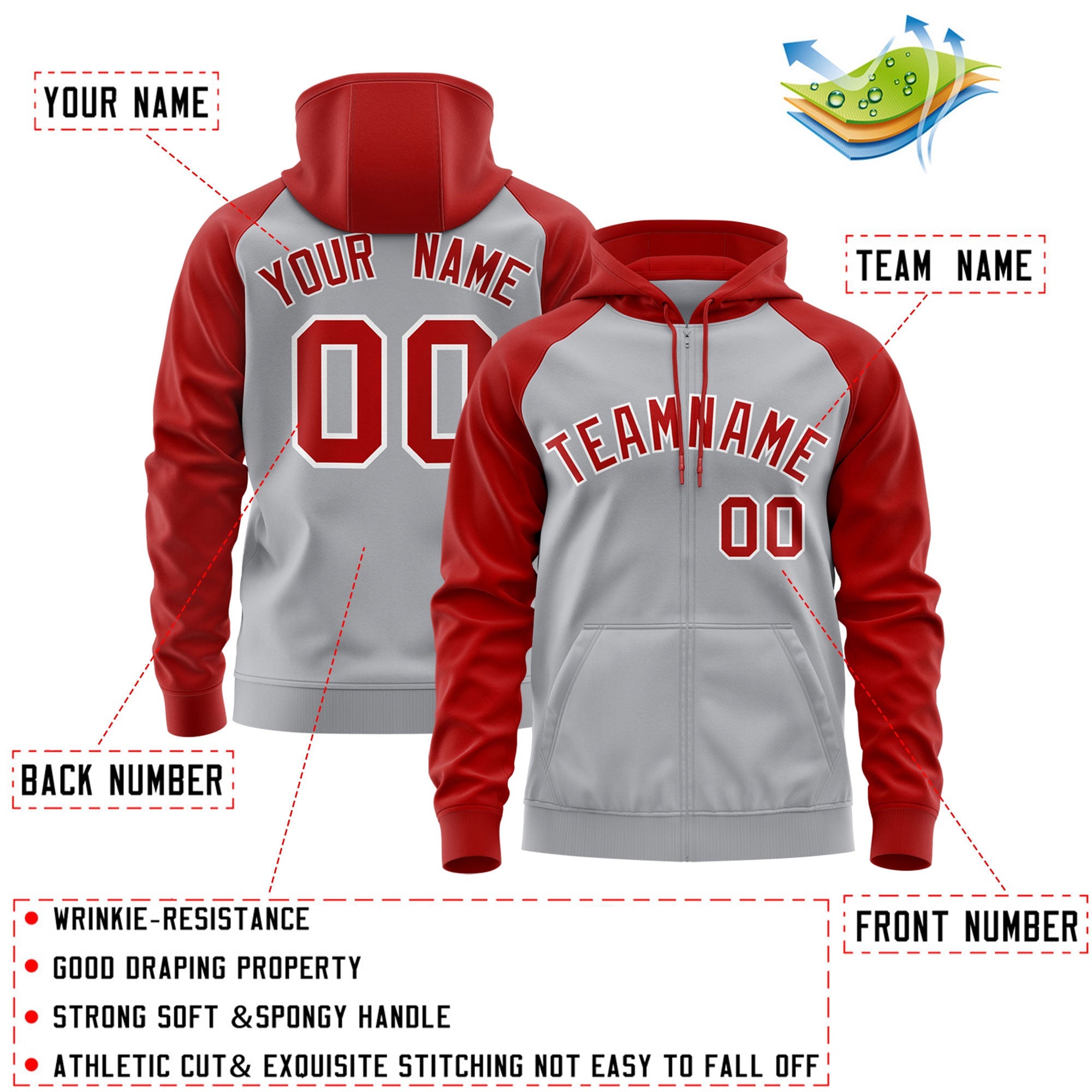 Custom Stitched Gray Red-White Raglan Sleeves Sports Full-Zip Sweatshirt Hoodie