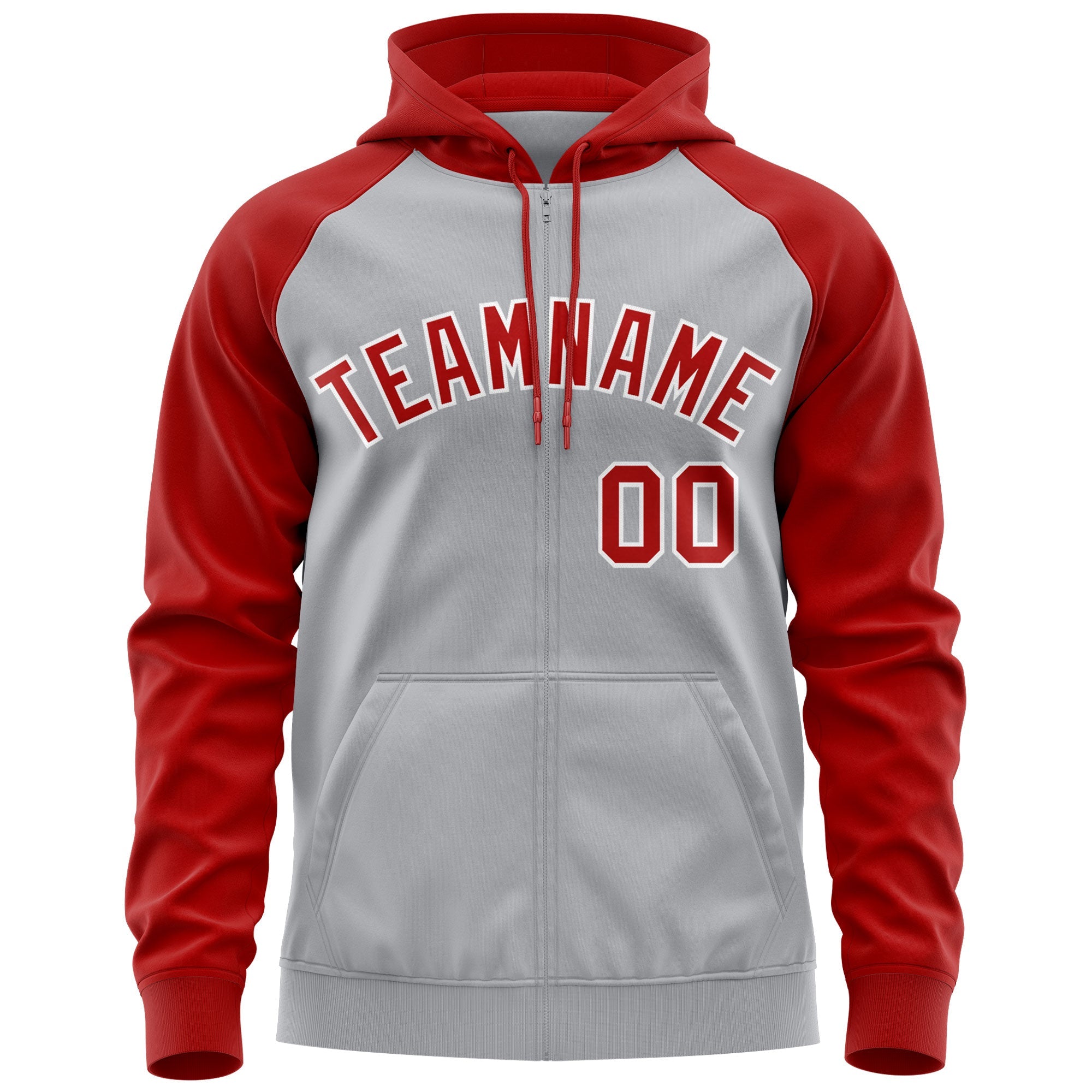 Custom Stitched Gray Red-White Raglan Sleeves Sports Full-Zip Sweatshirt Hoodie