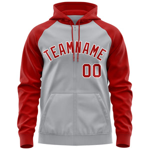 Custom Stitched Gray Red-White Raglan Sleeves Sports Full-Zip Sweatshirt Hoodie