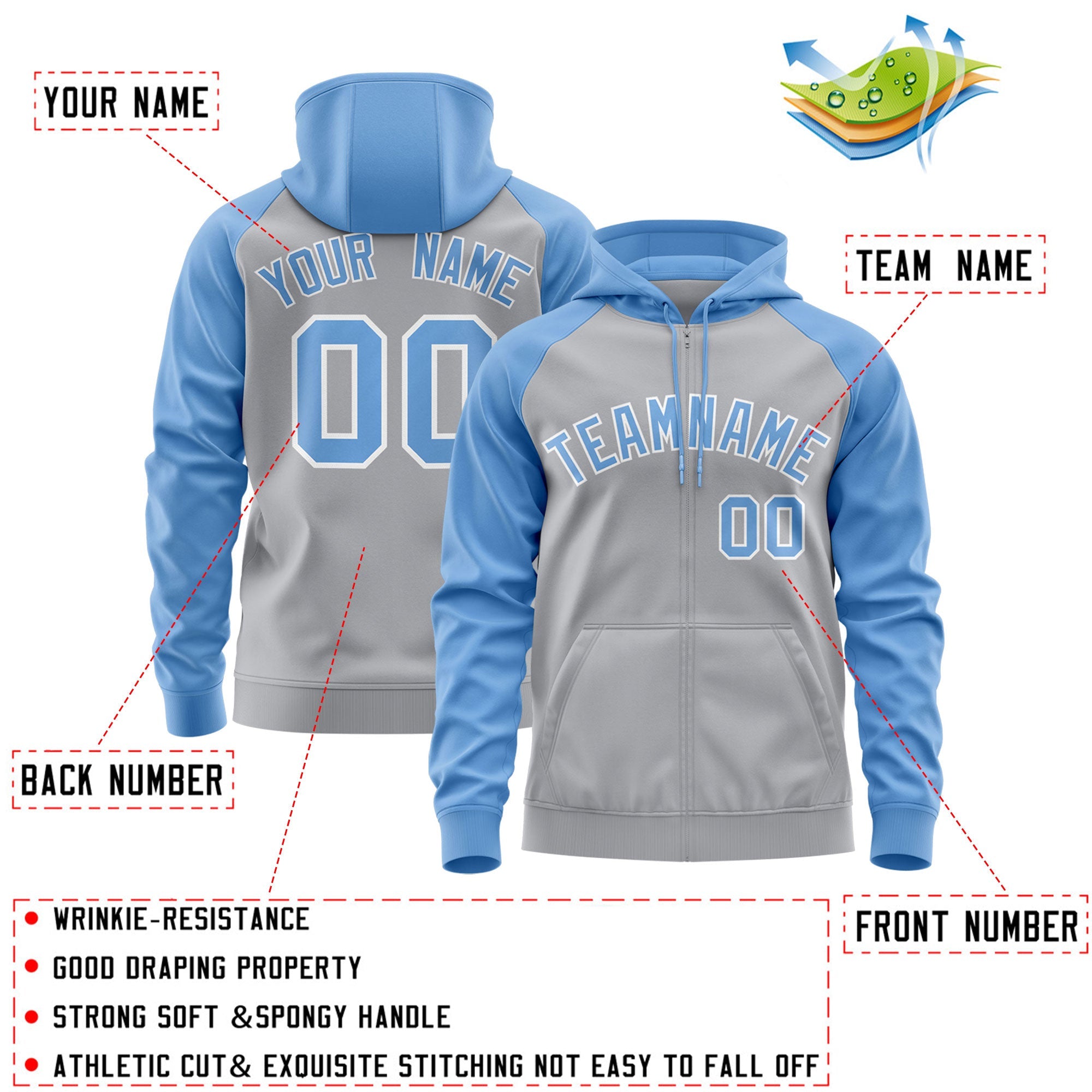 Custom Stitched Gray Light Blue-White Raglan Sleeves Sports Full-Zip Sweatshirt Hoodie