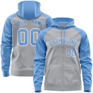 Custom Stitched Gray Light Blue-White Raglan Sleeves Sports Full-Zip Sweatshirt Hoodie