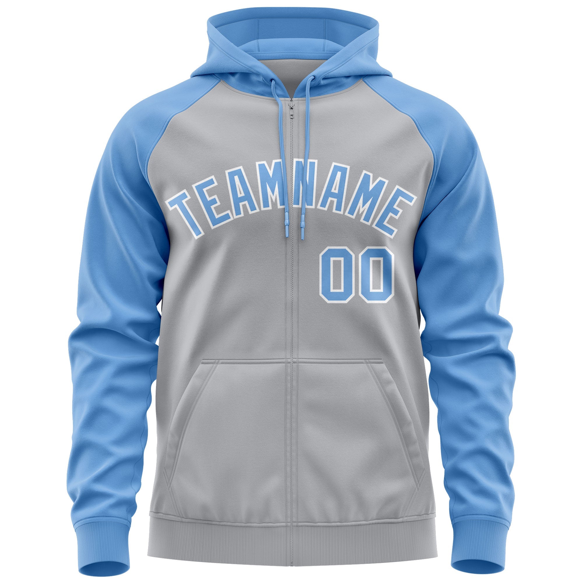 Custom Stitched Gray Light Blue-White Raglan Sleeves Sports Full-Zip Sweatshirt Hoodie