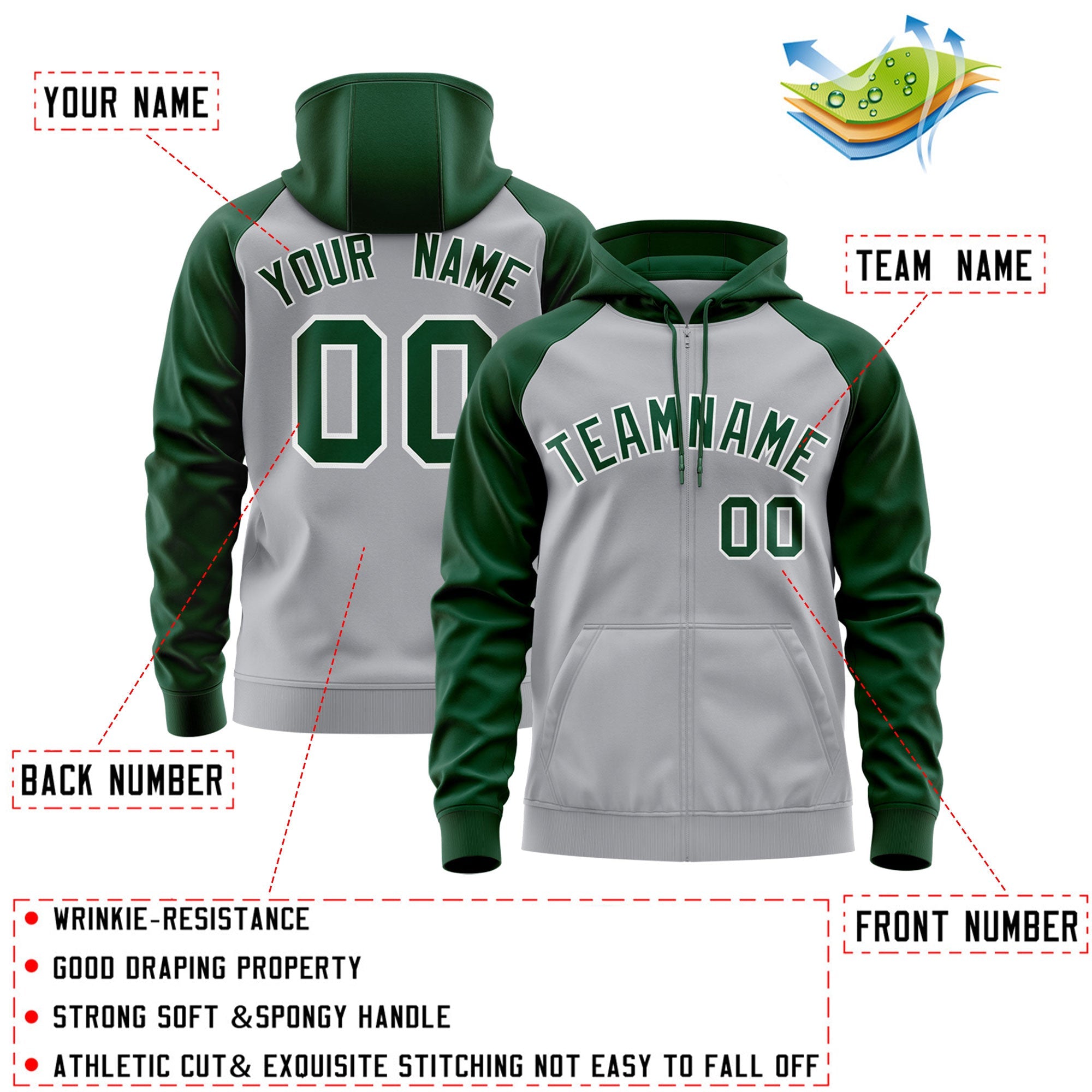 Custom Stitched Gray Green-White Raglan Sleeves Sports Full-Zip Sweatshirt Hoodie