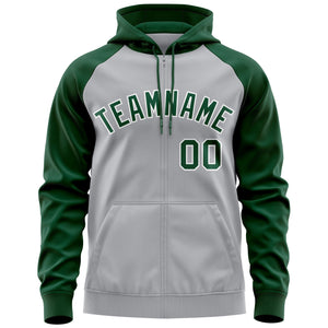 Custom Stitched Gray Green-White Raglan Sleeves Sports Full-Zip Sweatshirt Hoodie