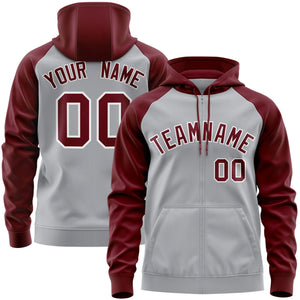 Custom Stitched Gray Crimson-White Raglan Sleeves Sports Full-Zip Sweatshirt Hoodie