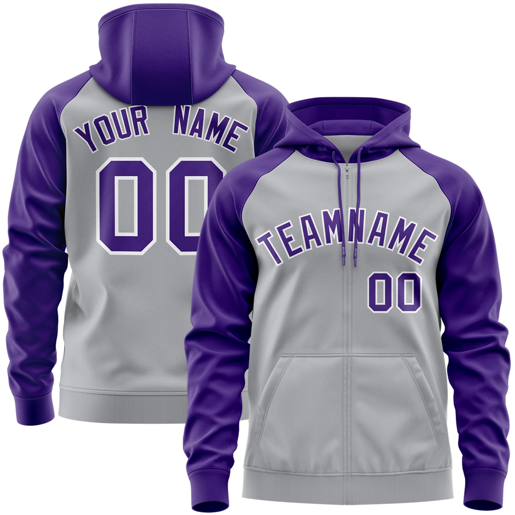 Custom Stitched Gray Purple-White Raglan Sleeves Sports Full-Zip Sweatshirt Hoodie