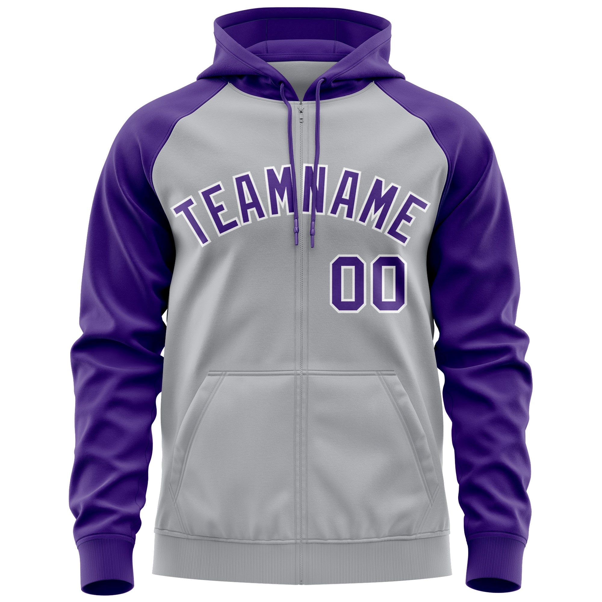 Custom Stitched Gray Purple-White Raglan Sleeves Sports Full-Zip Sweatshirt Hoodie