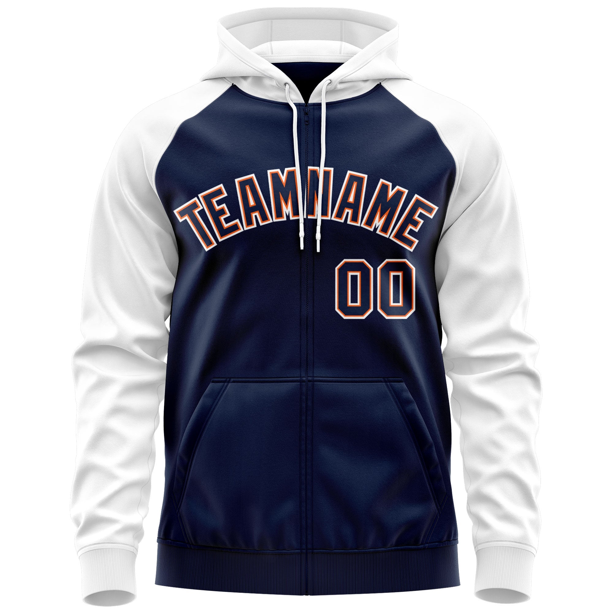 Custom Stitched Navy Orange-White Raglan Sleeves Sports Full-Zip Sweatshirt Hoodie