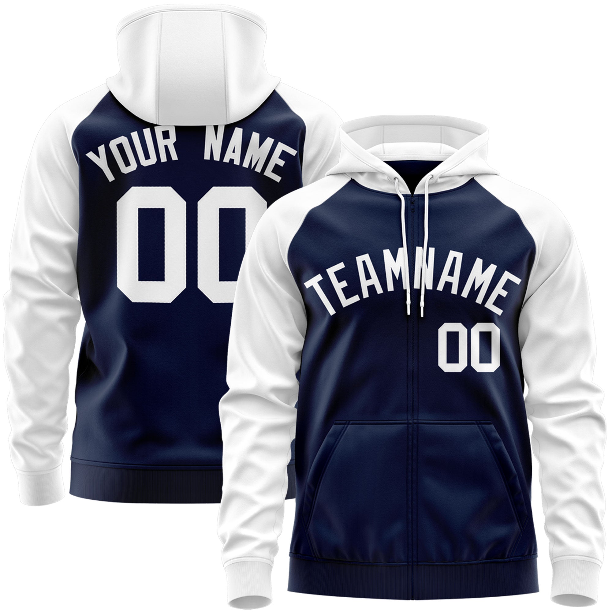 Custom Stitched Navy White Raglan Sleeves Sports Full-Zip Sweatshirt Hoodie