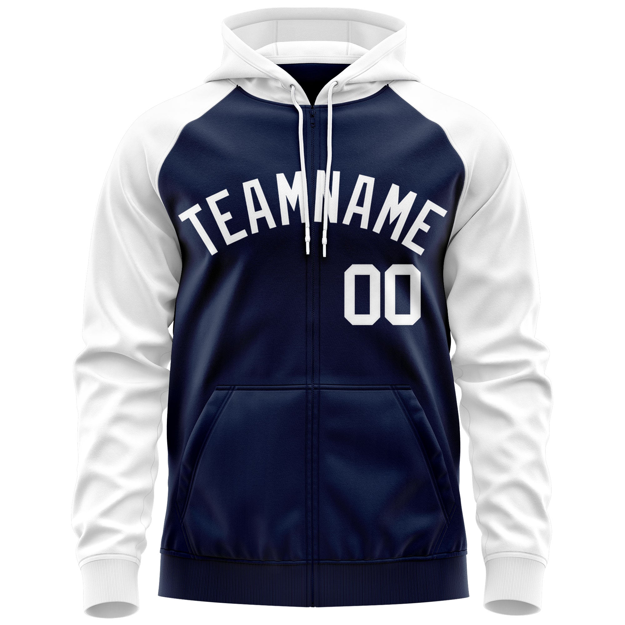 Custom Stitched Navy White Raglan Sleeves Sports Full-Zip Sweatshirt Hoodie