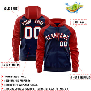 Custom Stitched Navy White-Red Raglan Sleeves Sports Full-Zip Sweatshirt Hoodie