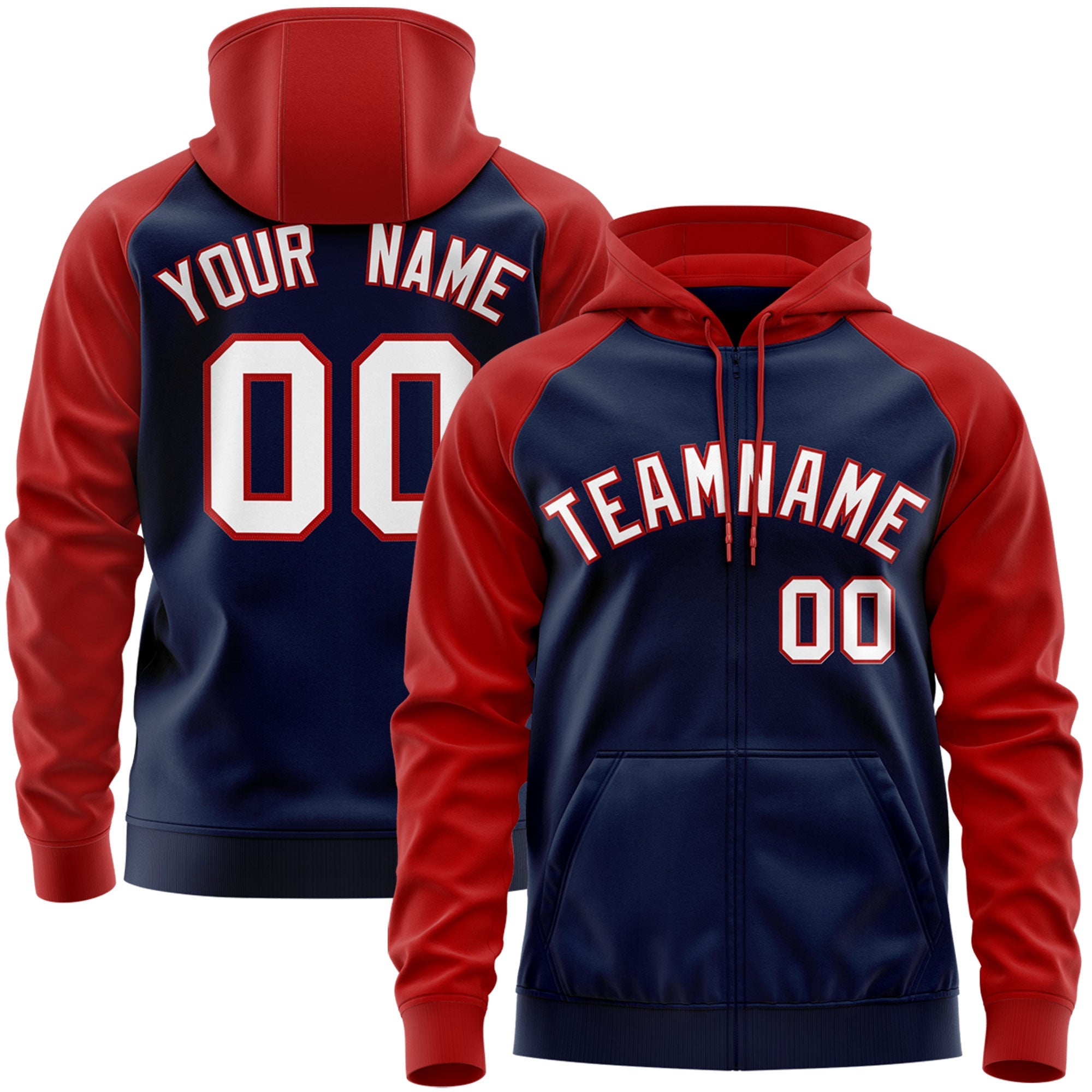 Custom Stitched Navy White-Red Raglan Sleeves Sports Full-Zip Sweatshirt Hoodie