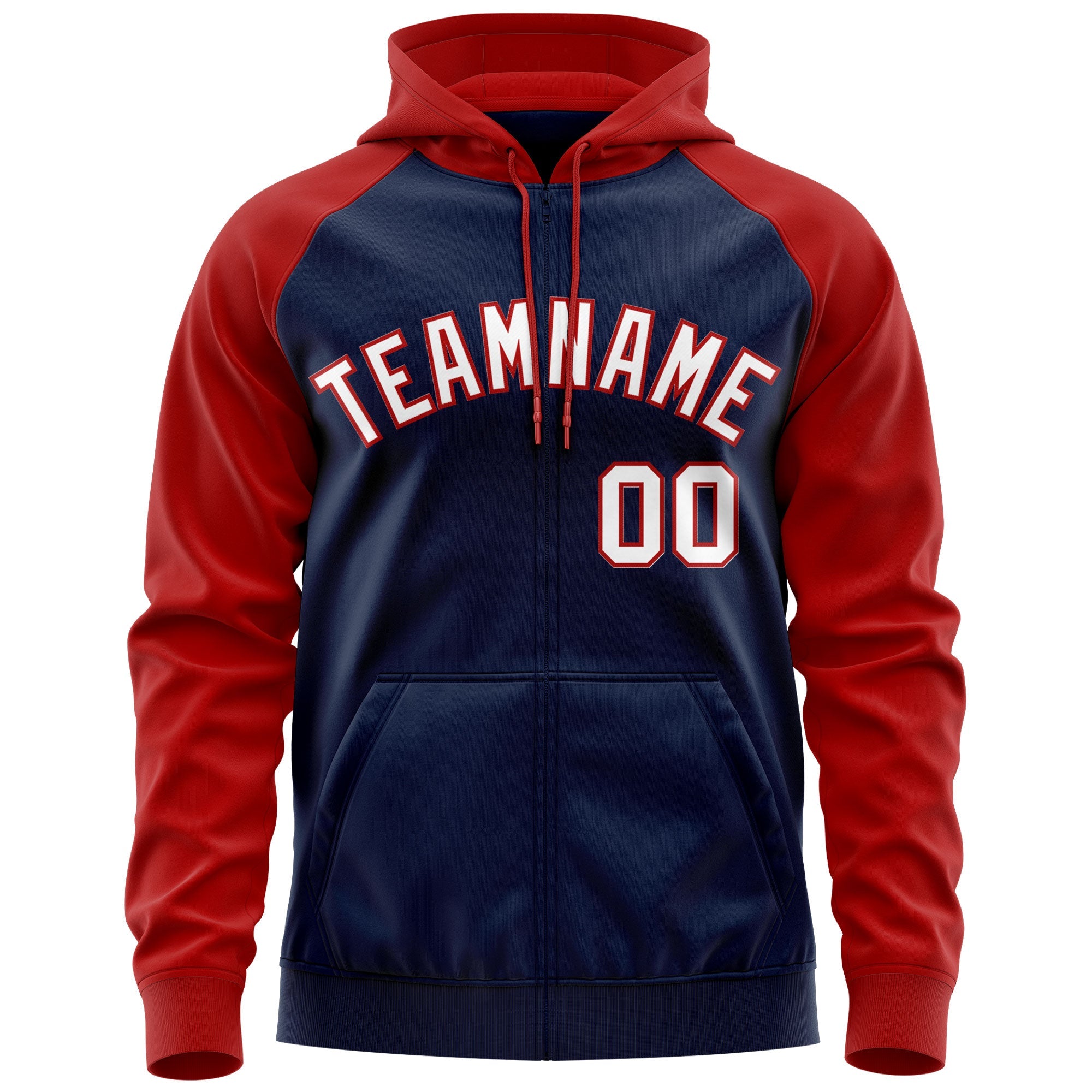 Custom Stitched Navy White-Red Raglan Sleeves Sports Full-Zip Sweatshirt Hoodie