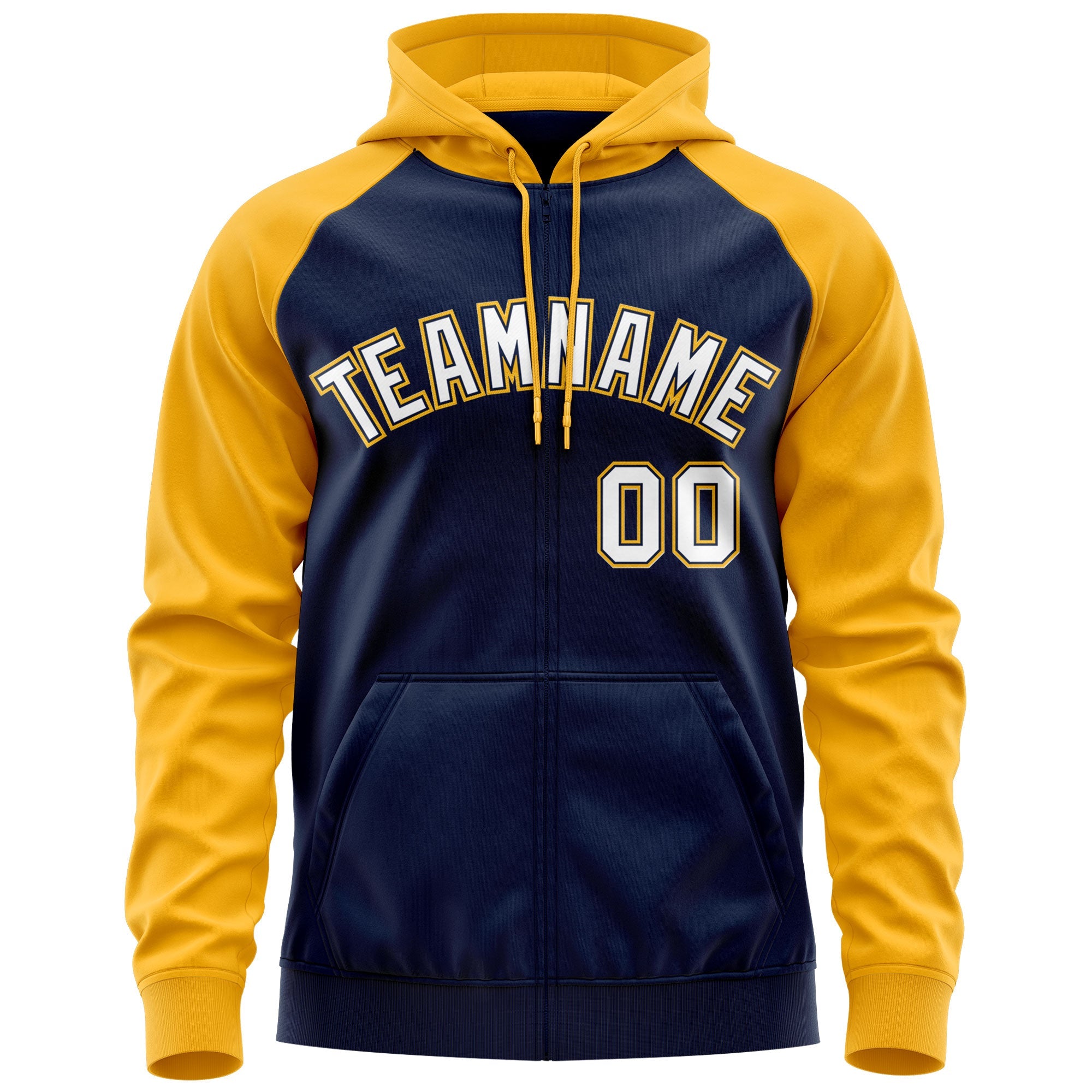 Custom Stitched Navy White-Gold Raglan Sleeves Sports Full-Zip Sweatshirt Hoodie