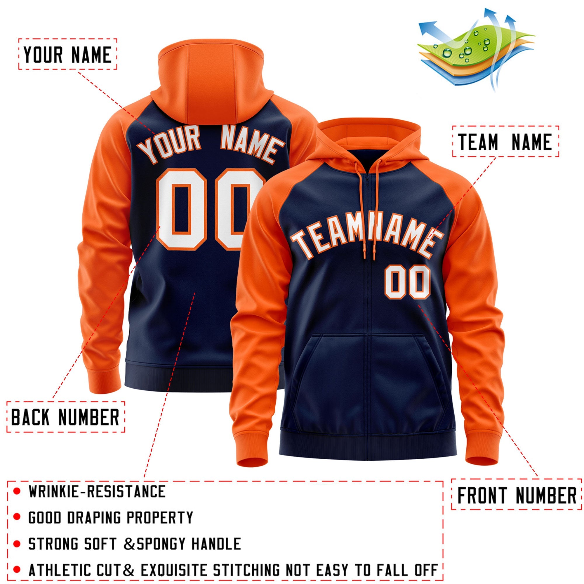 Custom Stitched Navy White-Orange Raglan Sleeves Sports Full-Zip Sweatshirt Hoodie