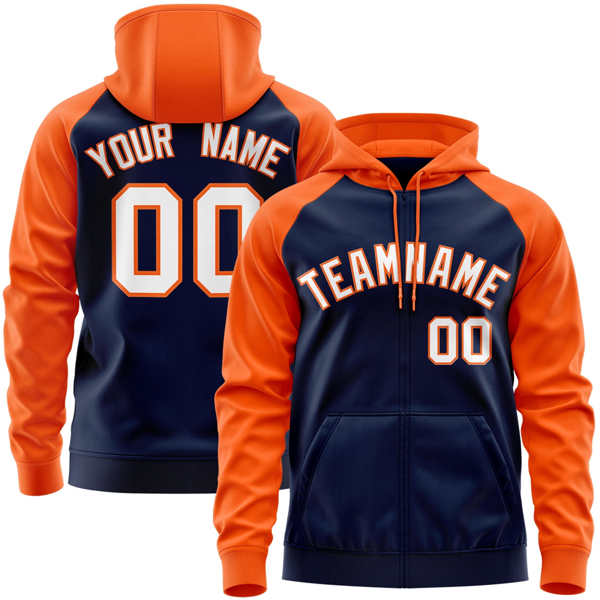 Custom Stitched Navy White-Orange Raglan Sleeves Sports Full-Zip Sweatshirt Hoodie