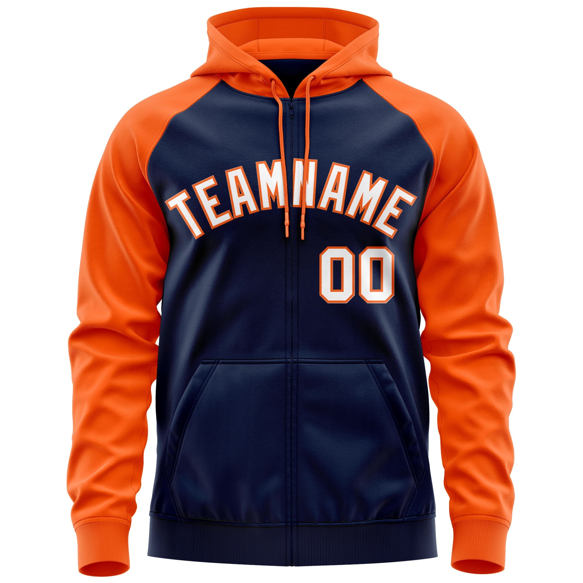 Custom Stitched Navy White-Orange Raglan Sleeves Sports Full-Zip Sweatshirt Hoodie