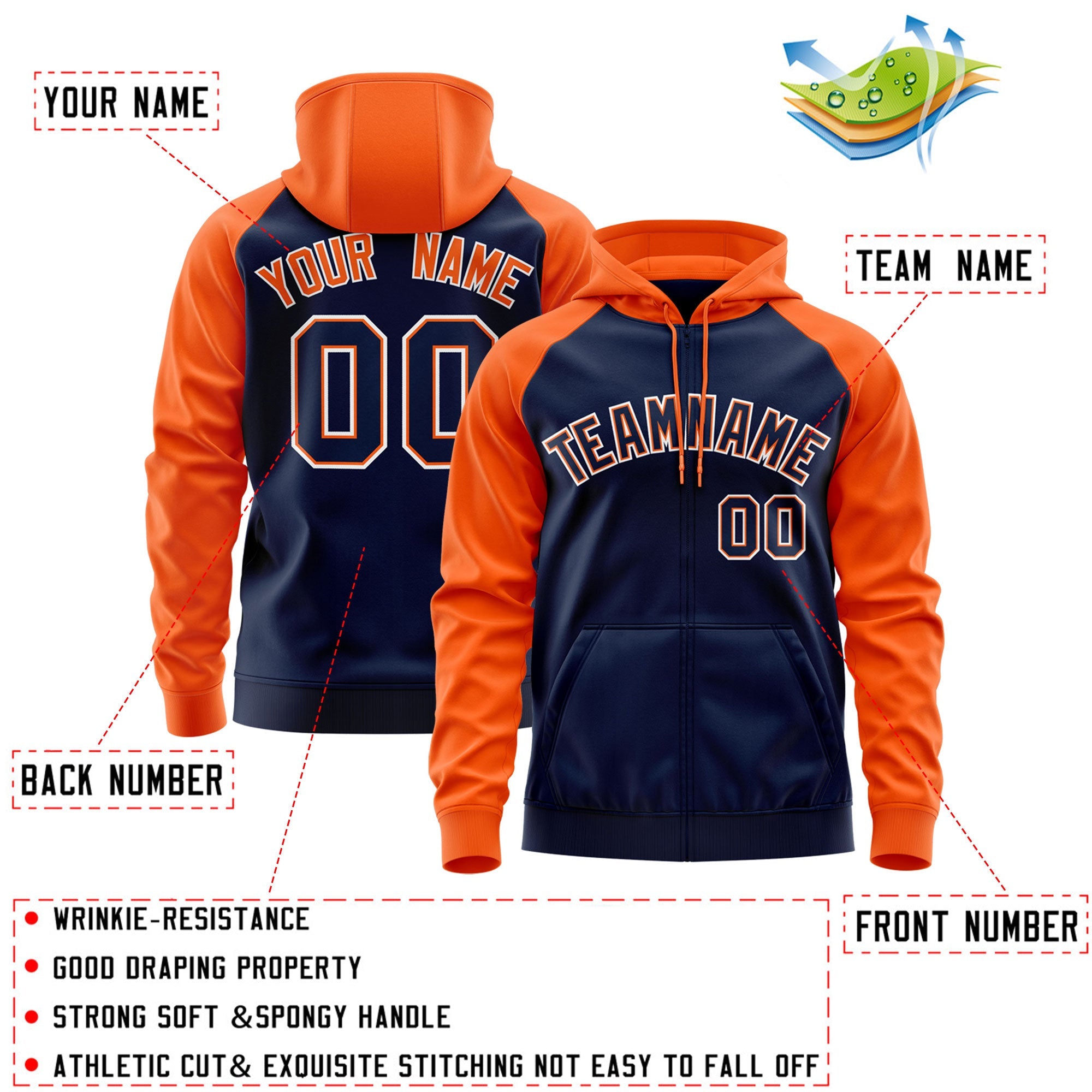 Custom Stitched Navy Orange-White Raglan Sleeves Sports Full-Zip Sweatshirt Hoodie