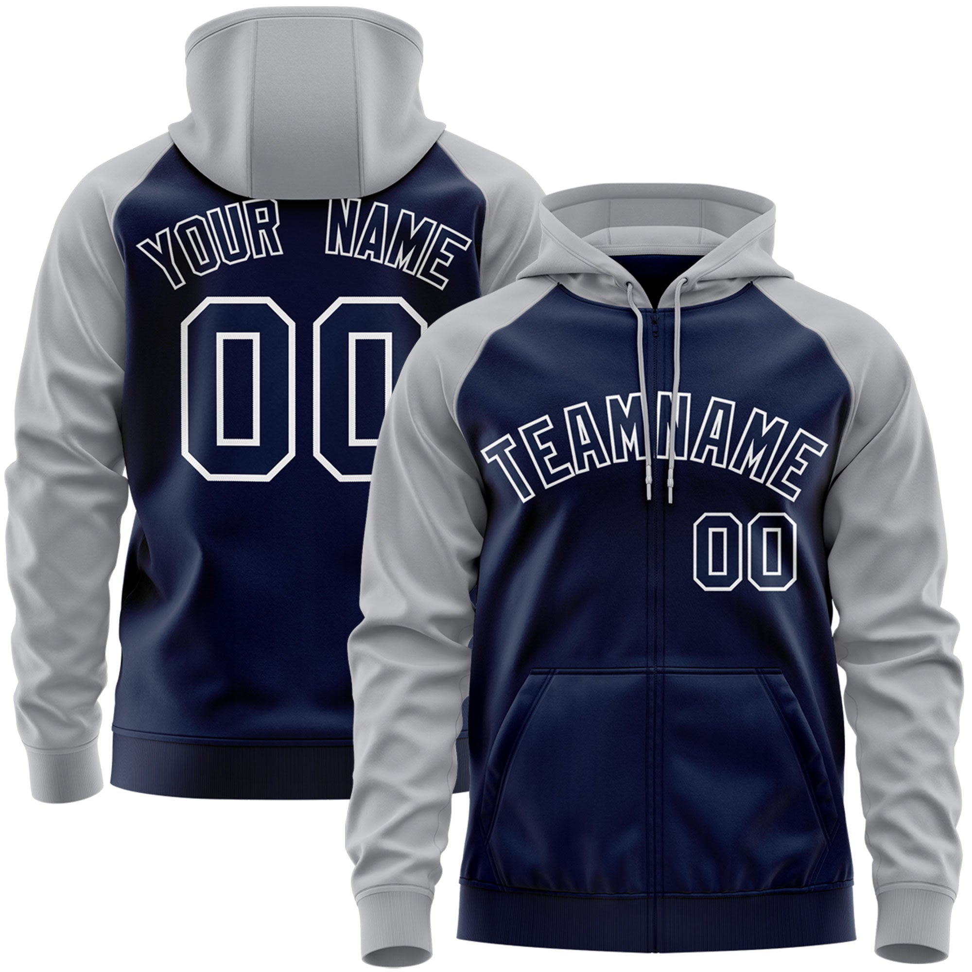 Custom Stitched Navy White-Gray Raglan Sleeves Sports Full-Zip Sweatshirt Hoodie