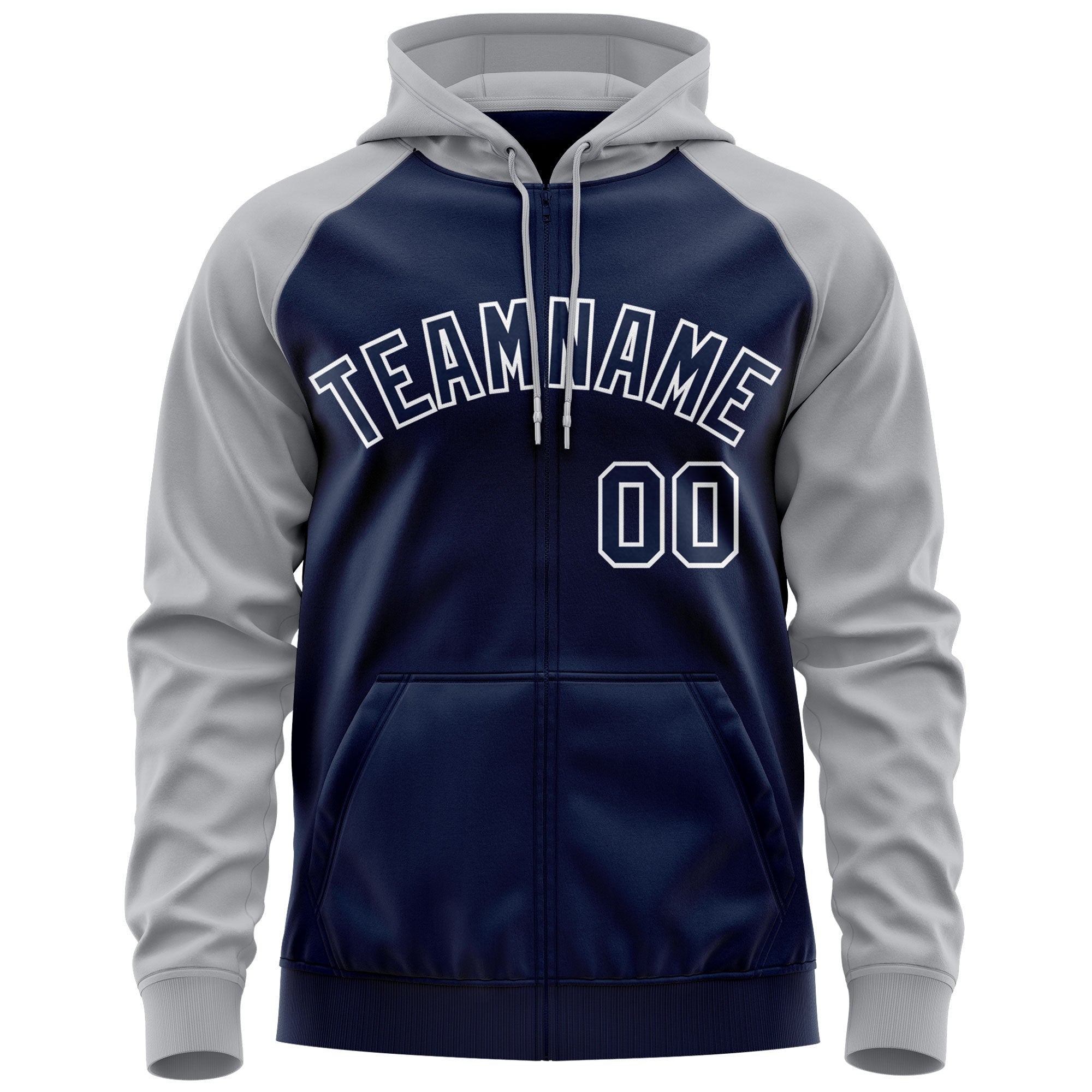 Custom Stitched Navy White-Gray Raglan Sleeves Sports Full-Zip Sweatshirt Hoodie