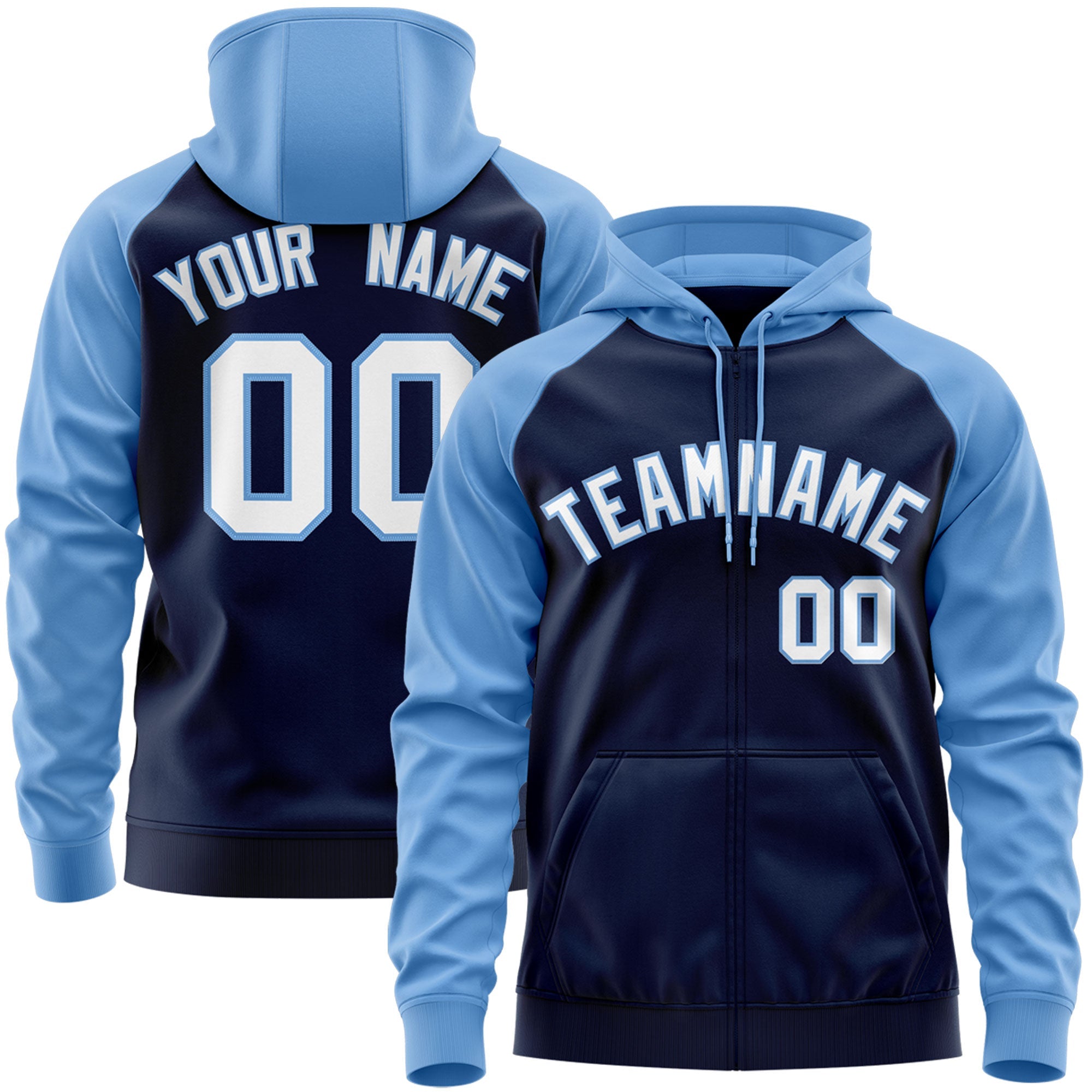 Custom Stitched Navy White-Light Blue Raglan Sleeves Sports Full-Zip Sweatshirt Hoodie