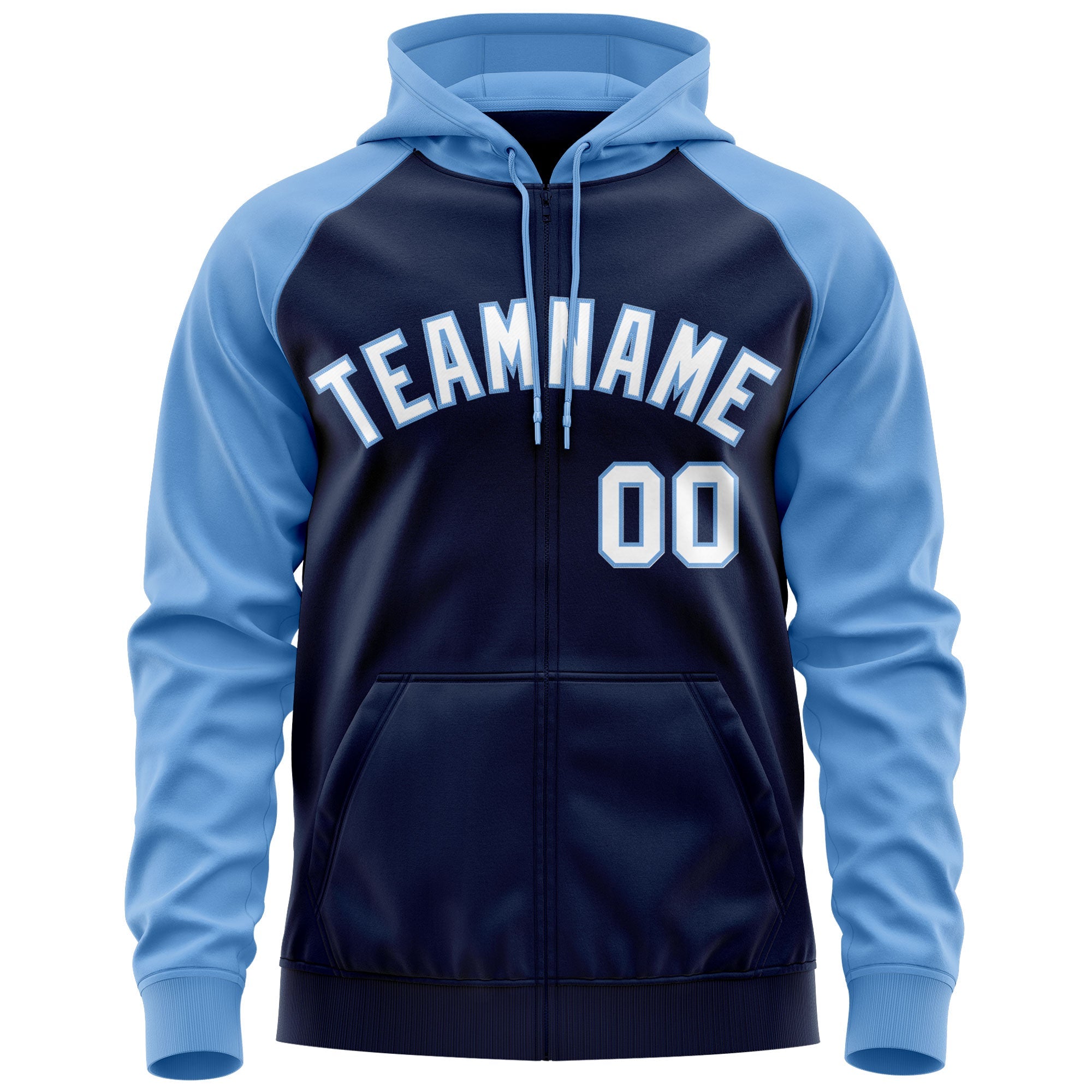 Custom Stitched Navy White-Light Blue Raglan Sleeves Sports Full-Zip Sweatshirt Hoodie