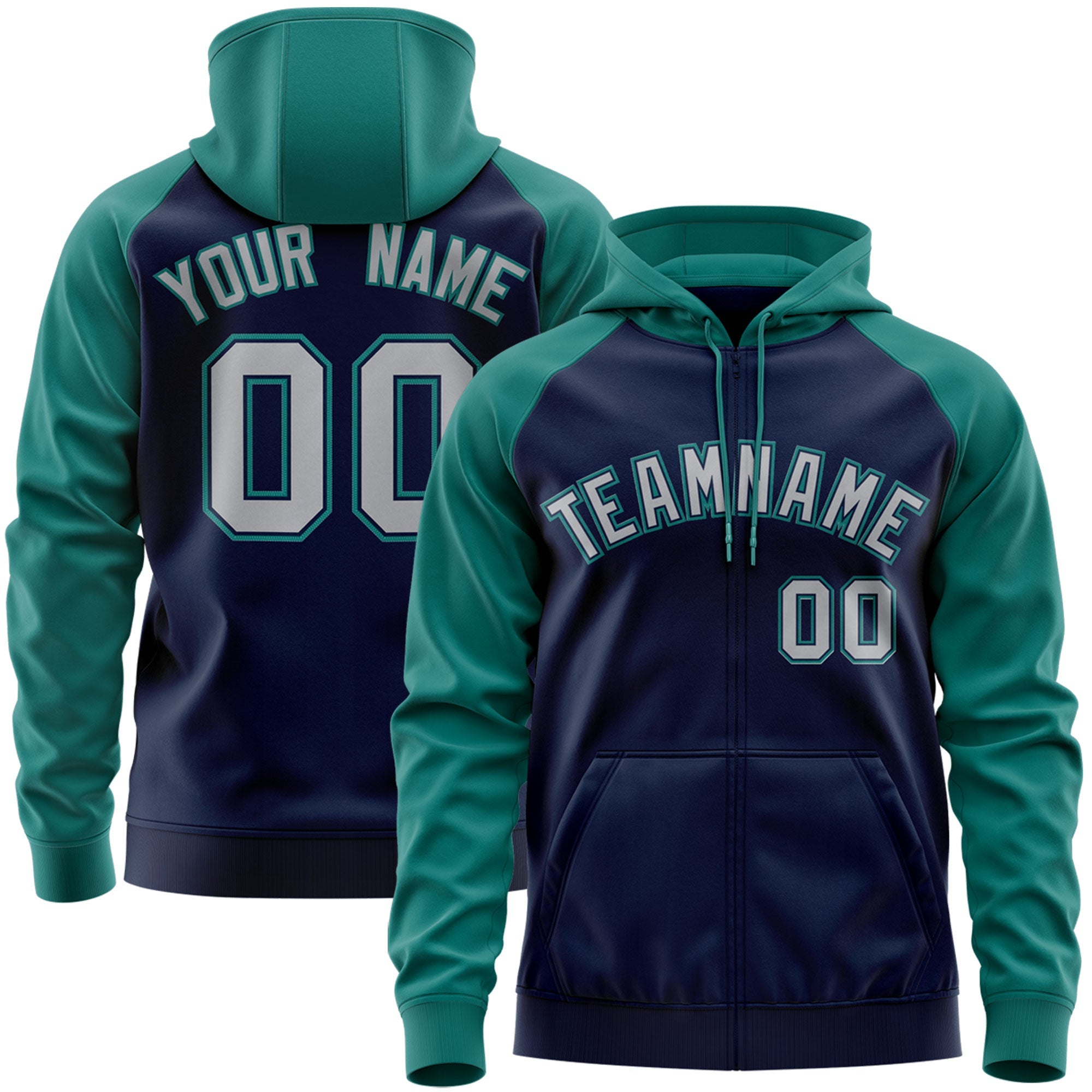 Custom Stitched Navy Gray-Aqua Raglan Sleeves Sports Full-Zip Sweatshirt Hoodie