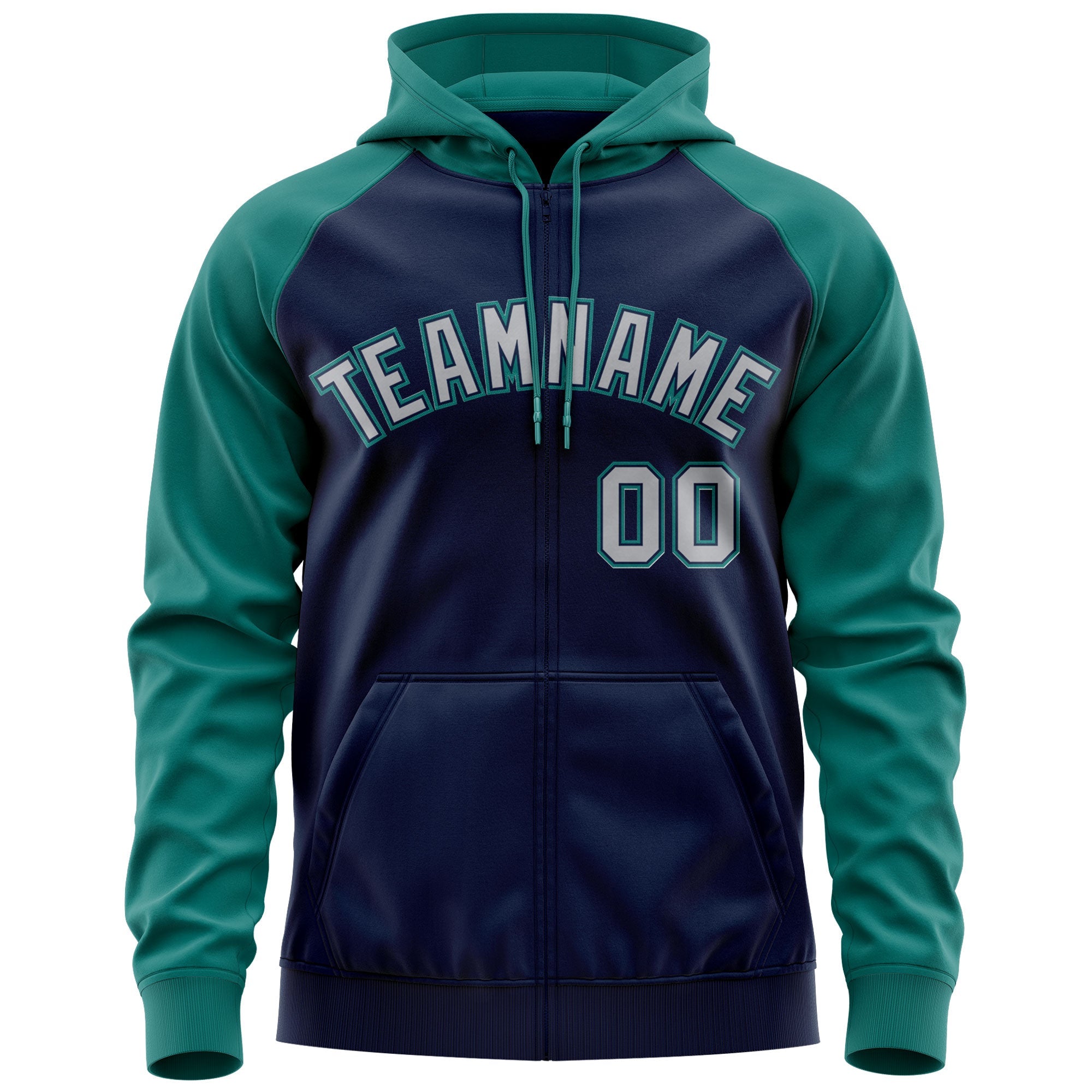 Custom Stitched Navy Gray-Aqua Raglan Sleeves Sports Full-Zip Sweatshirt Hoodie