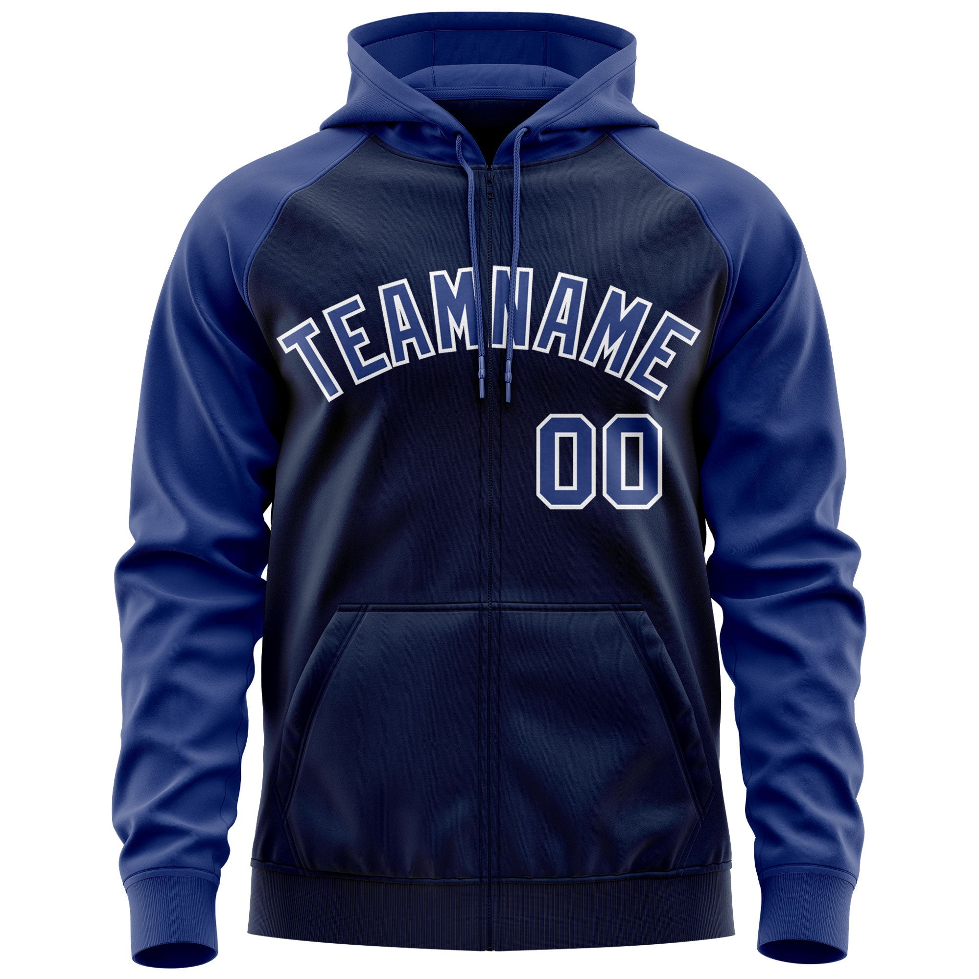 Custom Stitched Navy Royal-White Raglan Sleeves Sports Full-Zip Sweatshirt Hoodie