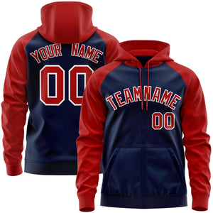 Custom Stitched Navy Red-White Raglan Sleeves Sports Full-Zip Sweatshirt Hoodie