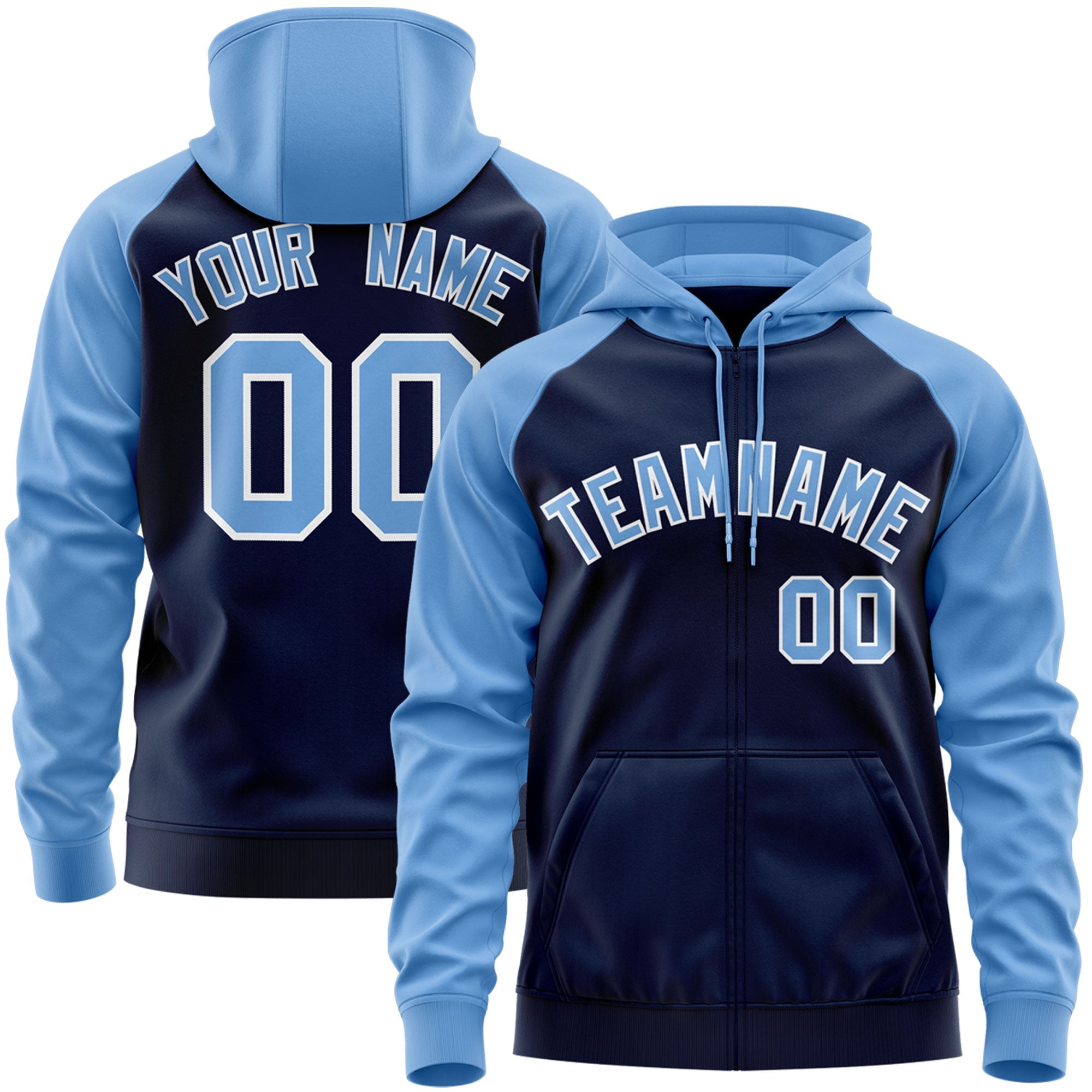 Custom Stitched Navy Light Blue-White Raglan Sleeves Sports Full-Zip Sweatshirt Hoodie