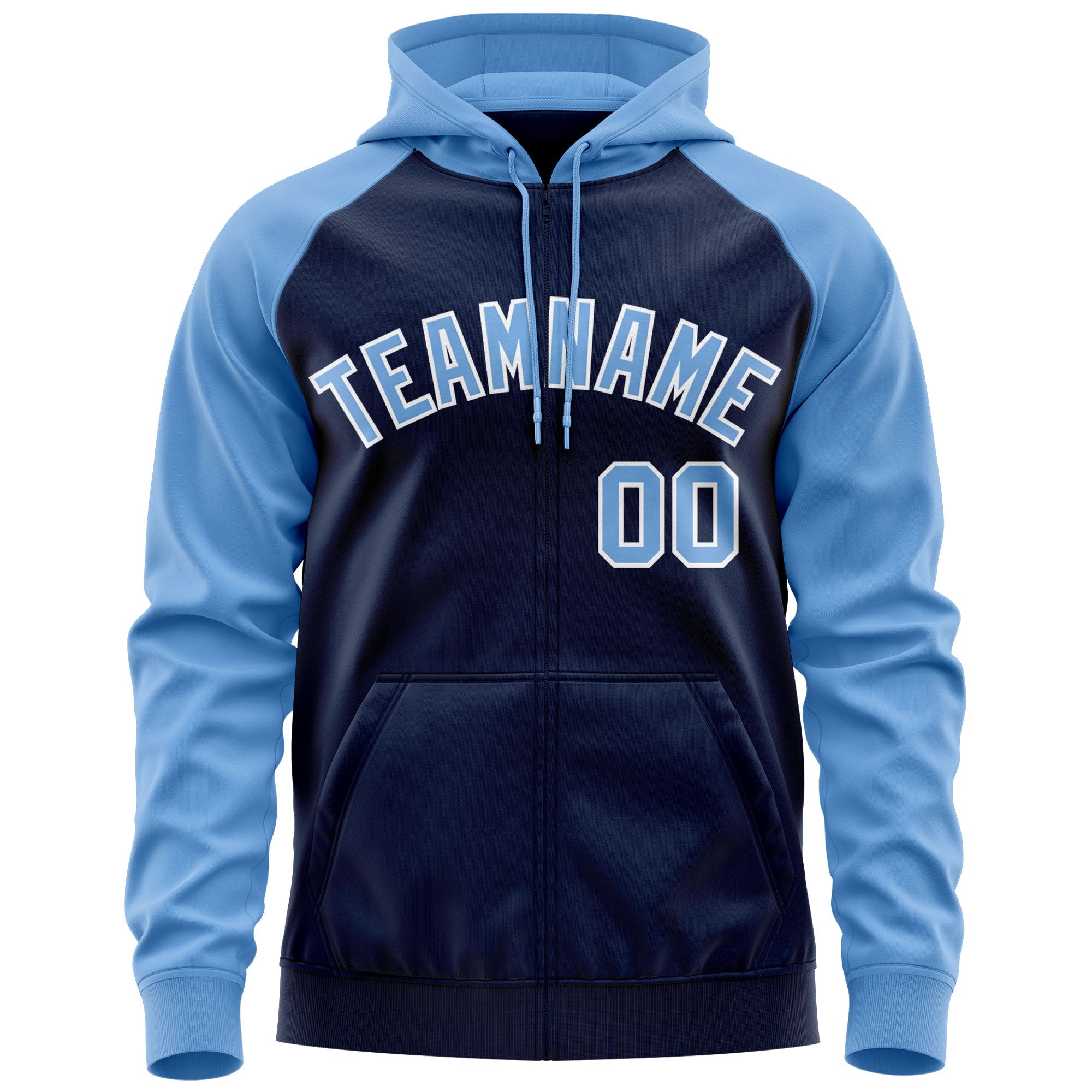 Custom Stitched Navy Light Blue-White Raglan Sleeves Sports Full-Zip Sweatshirt Hoodie