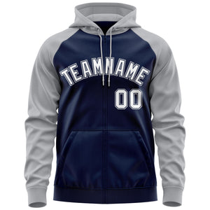 Custom Stitched Navy White-Gray Raglan Sleeves Sports Full-Zip Sweatshirt Hoodie