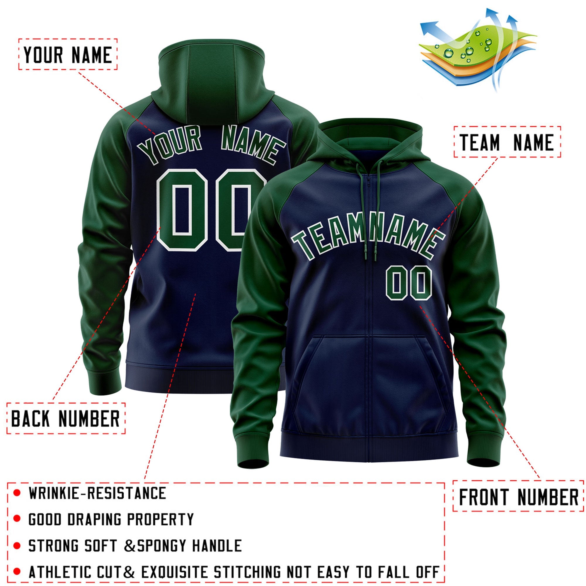 Custom Stitched Navy Green-White Raglan Sleeves Sports Full-Zip Sweatshirt Hoodie