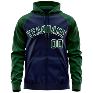 Custom Stitched Navy Green-White Raglan Sleeves Sports Full-Zip Sweatshirt Hoodie