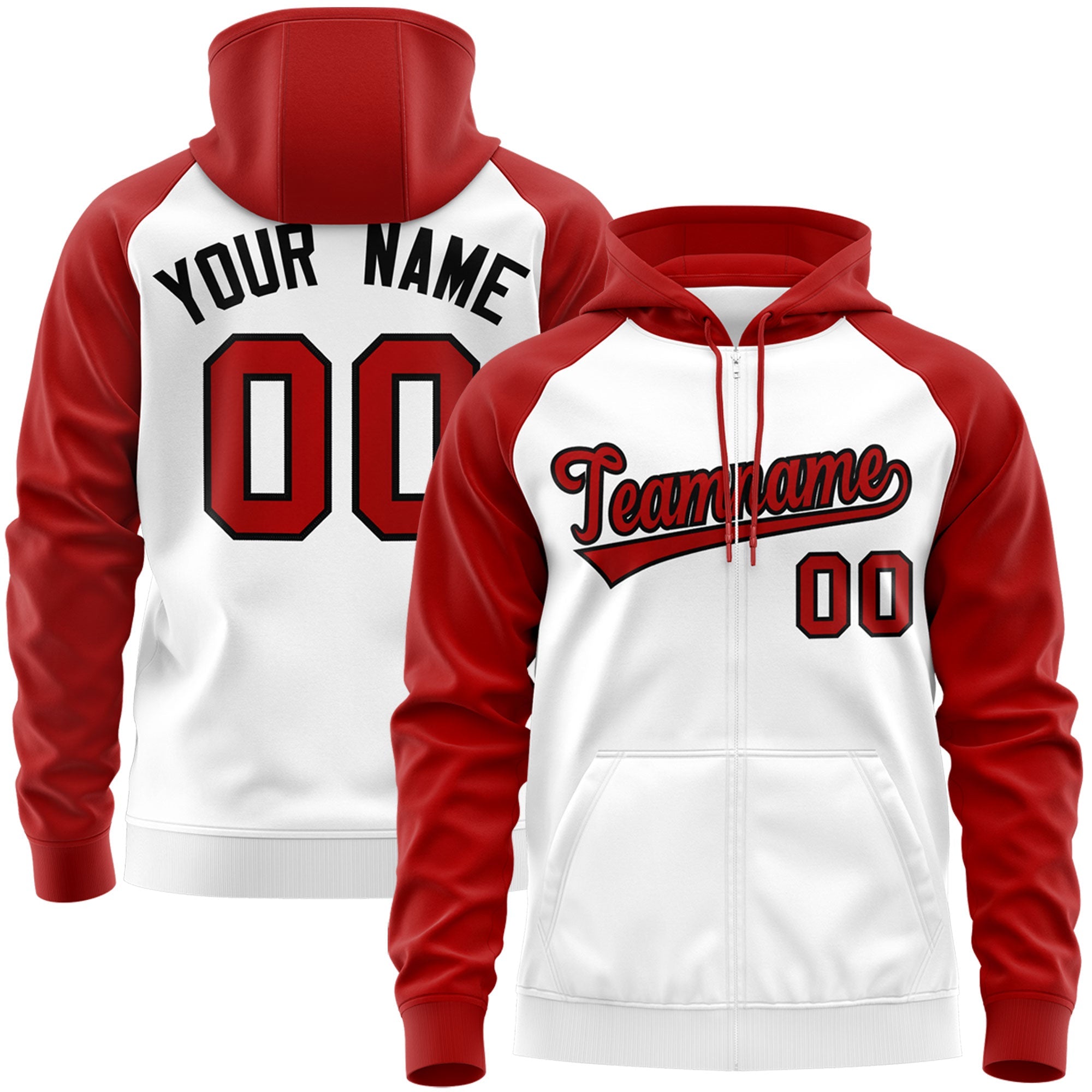 Custom Stitched White Red-Black Raglan Sleeves Sports Full-Zip Sweatshirt Hoodie