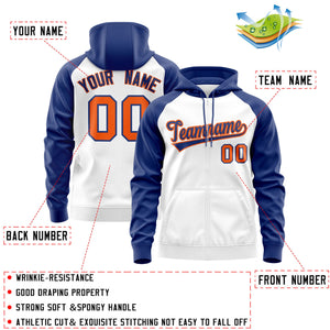 Custom Stitched White Royal-Orange Raglan Sleeves Sports Full-Zip Sweatshirt Hoodie