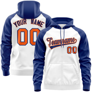 Custom Stitched White Royal-Orange Raglan Sleeves Sports Full-Zip Sweatshirt Hoodie