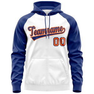 Custom Stitched White Royal-Orange Raglan Sleeves Sports Full-Zip Sweatshirt Hoodie