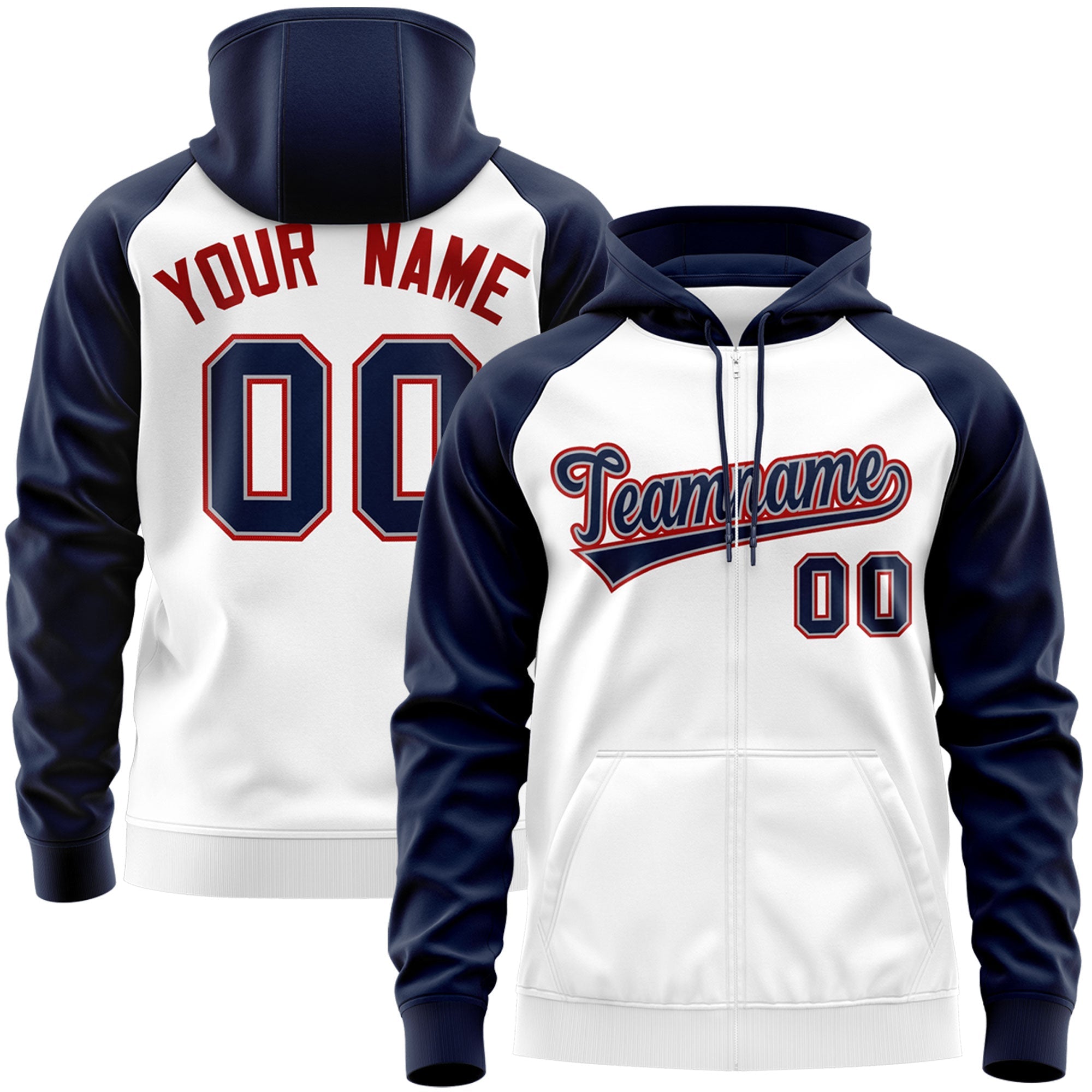 Custom Stitched White Navy-Red Raglan Sleeves Sports Full-Zip Sweatshirt Hoodie