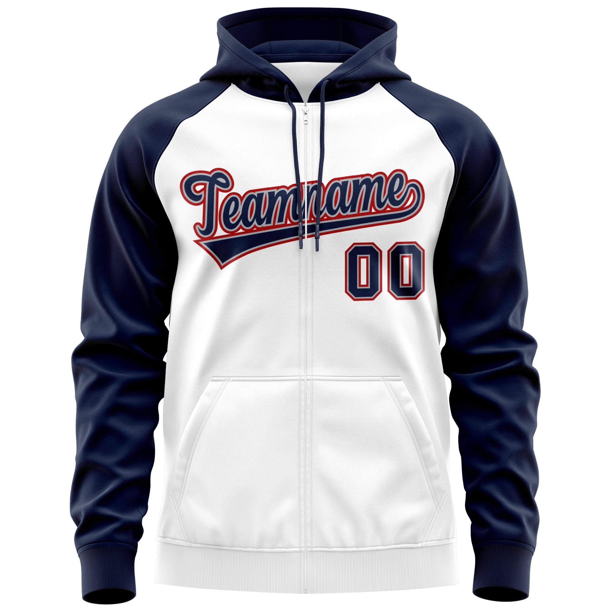 Custom Stitched White Navy-Red Raglan Sleeves Sports Full-Zip Sweatshirt Hoodie