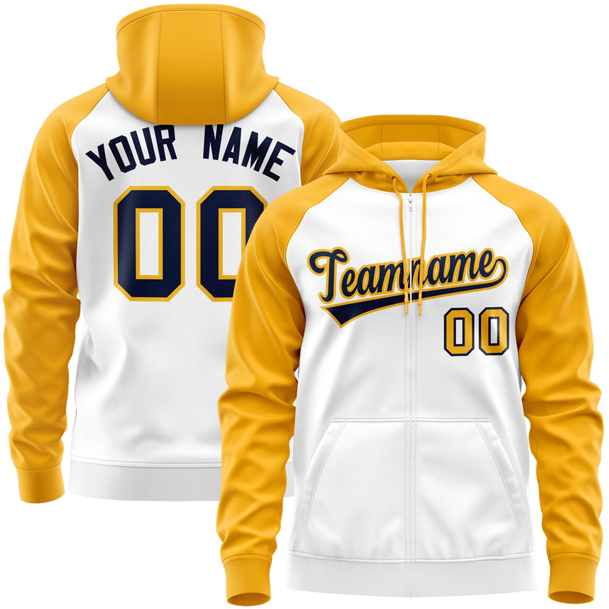 Custom Stitched White Navy-Gold Raglan Sleeves Sports Full-Zip Sweatshirt Hoodie